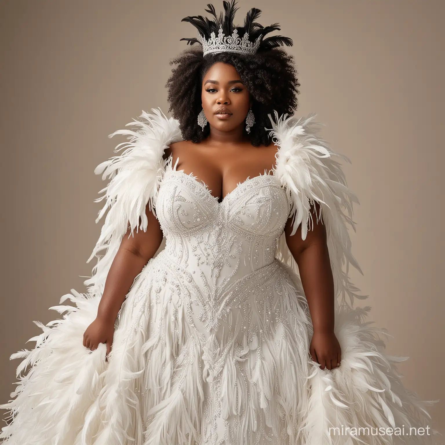 Plus size black woman in feathery wedding dress with crown