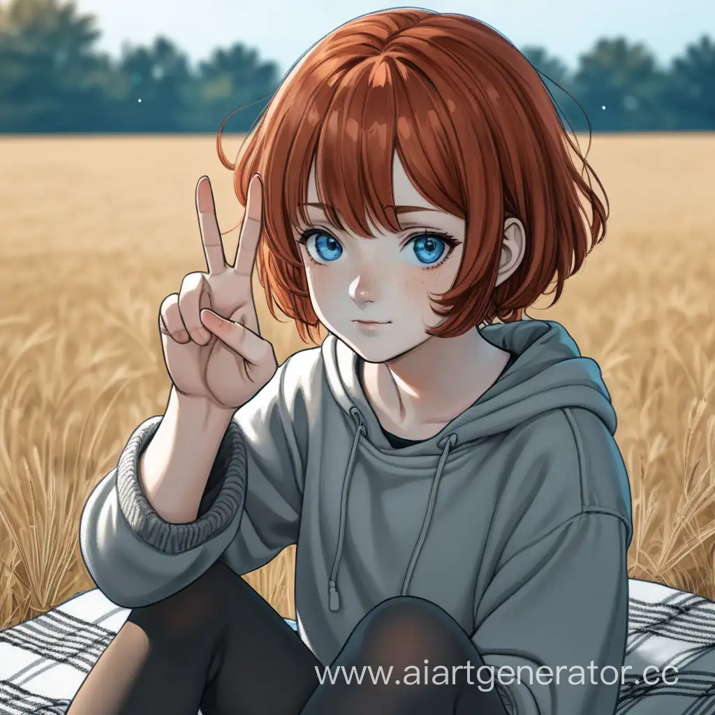 A girl with short reddish hair, dark at the roots. She has blue-gray eyes and freckles. She shows two fingers. She is sitting on a blanket in the field. Anime style
