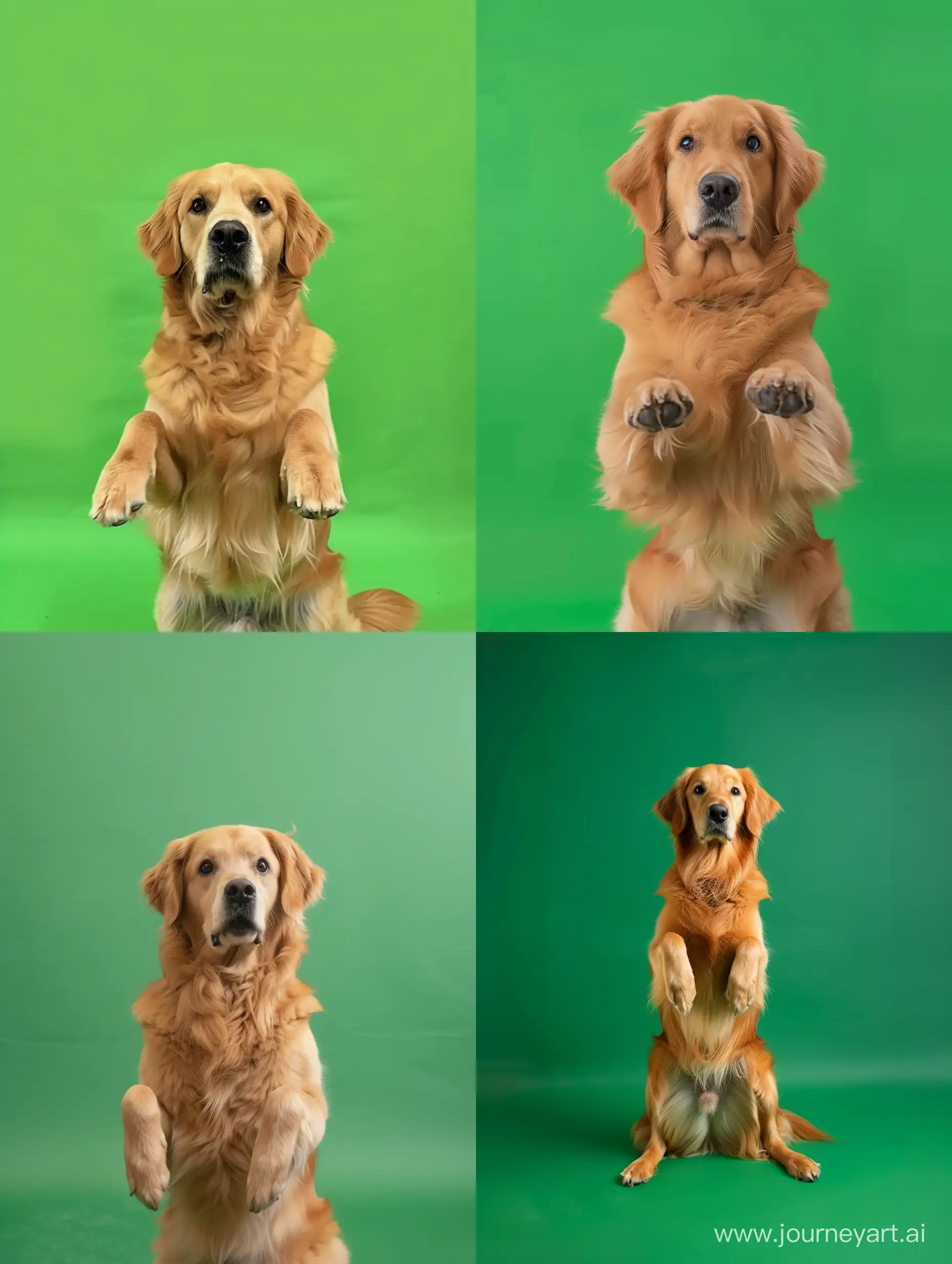 背景绿幕，写实，一只金毛犬，俩后脚站立，俩前脚放在胸前，面对镜头，