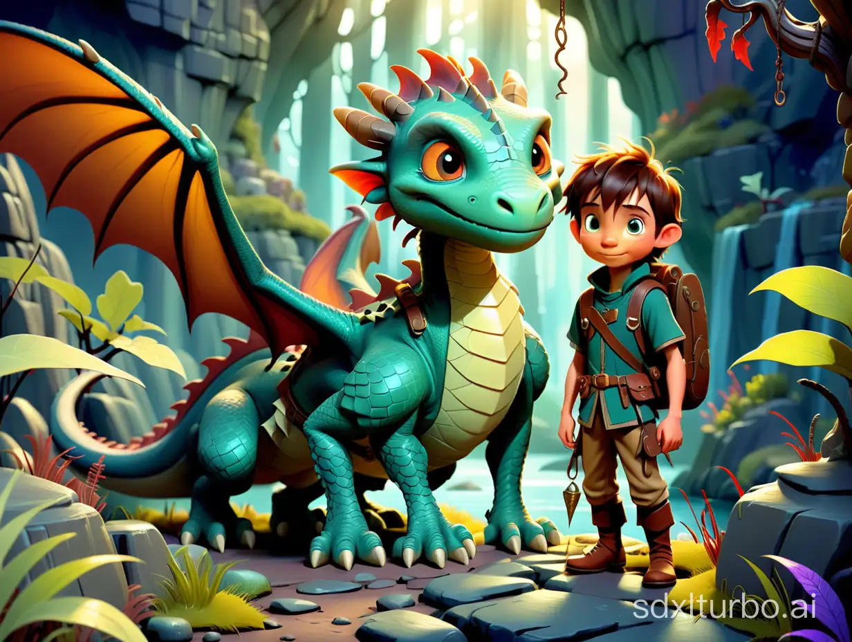 A brave young explorer and his loyal animal companion, a tiny dragon. Setting: A magical and mysterious world full of fantastic creatures and landscapes