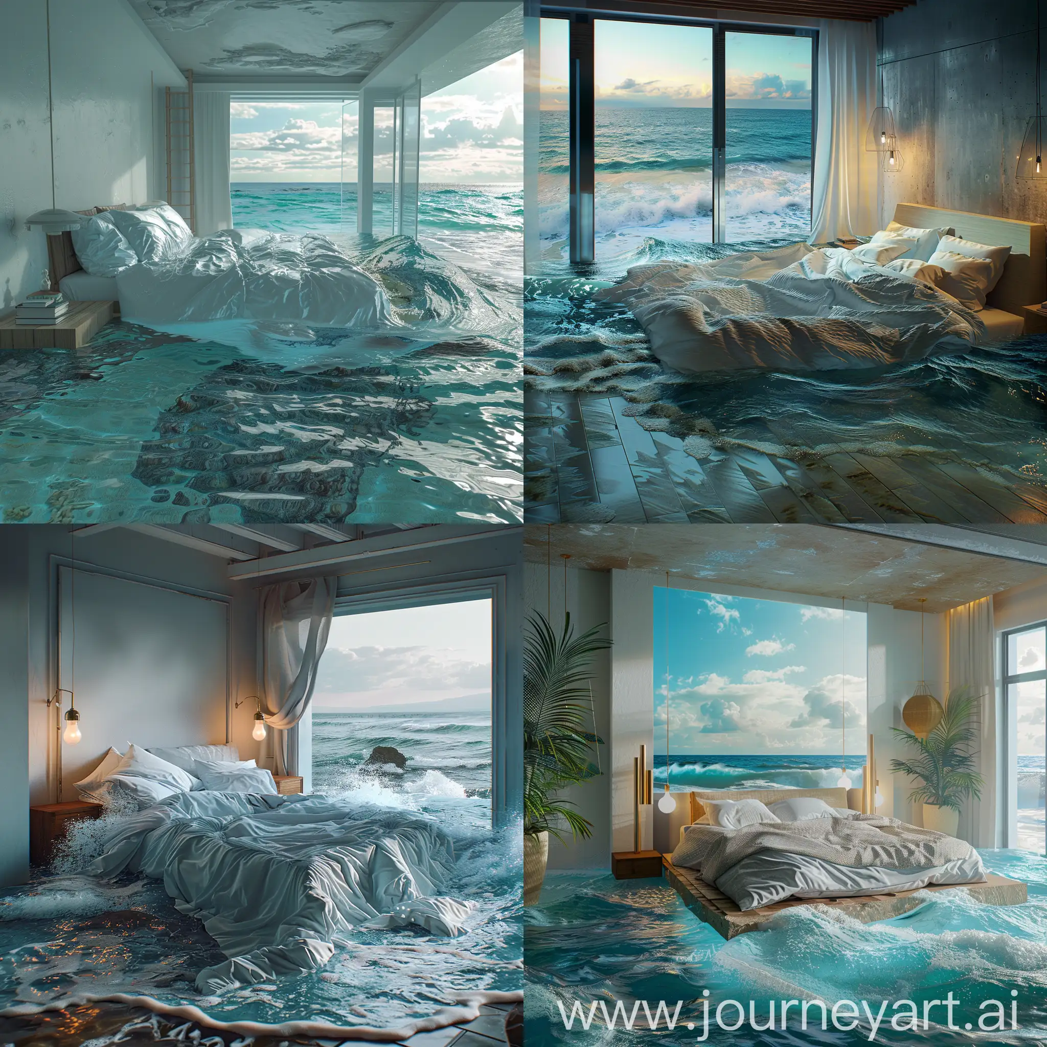 Bedroom melting into the ocean, 4k