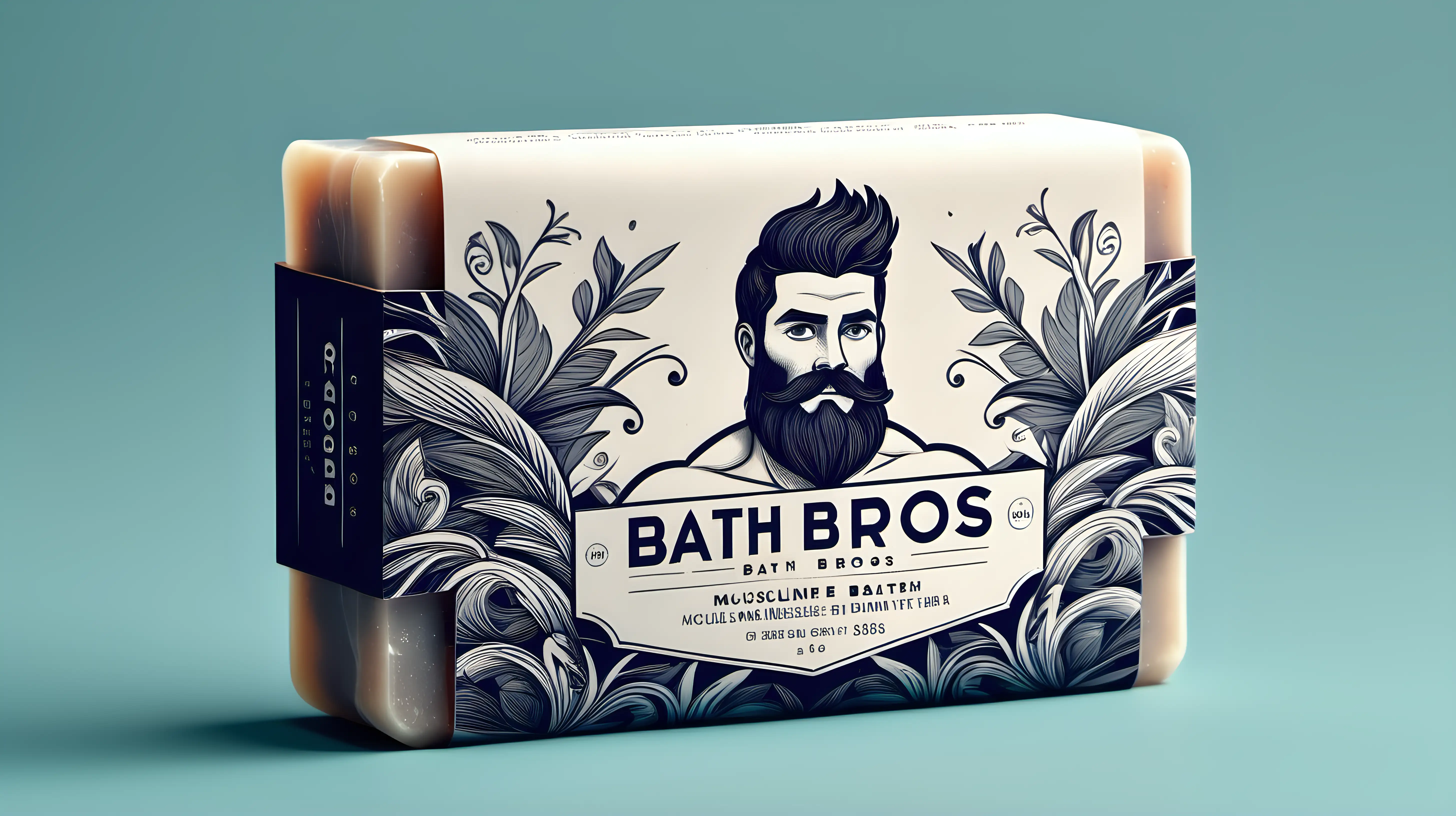 A modern packing design for a Soap bar for a masculine mens care brand called Bath Bros. It should feature a masculine design with a muscular bearded guy in a bath