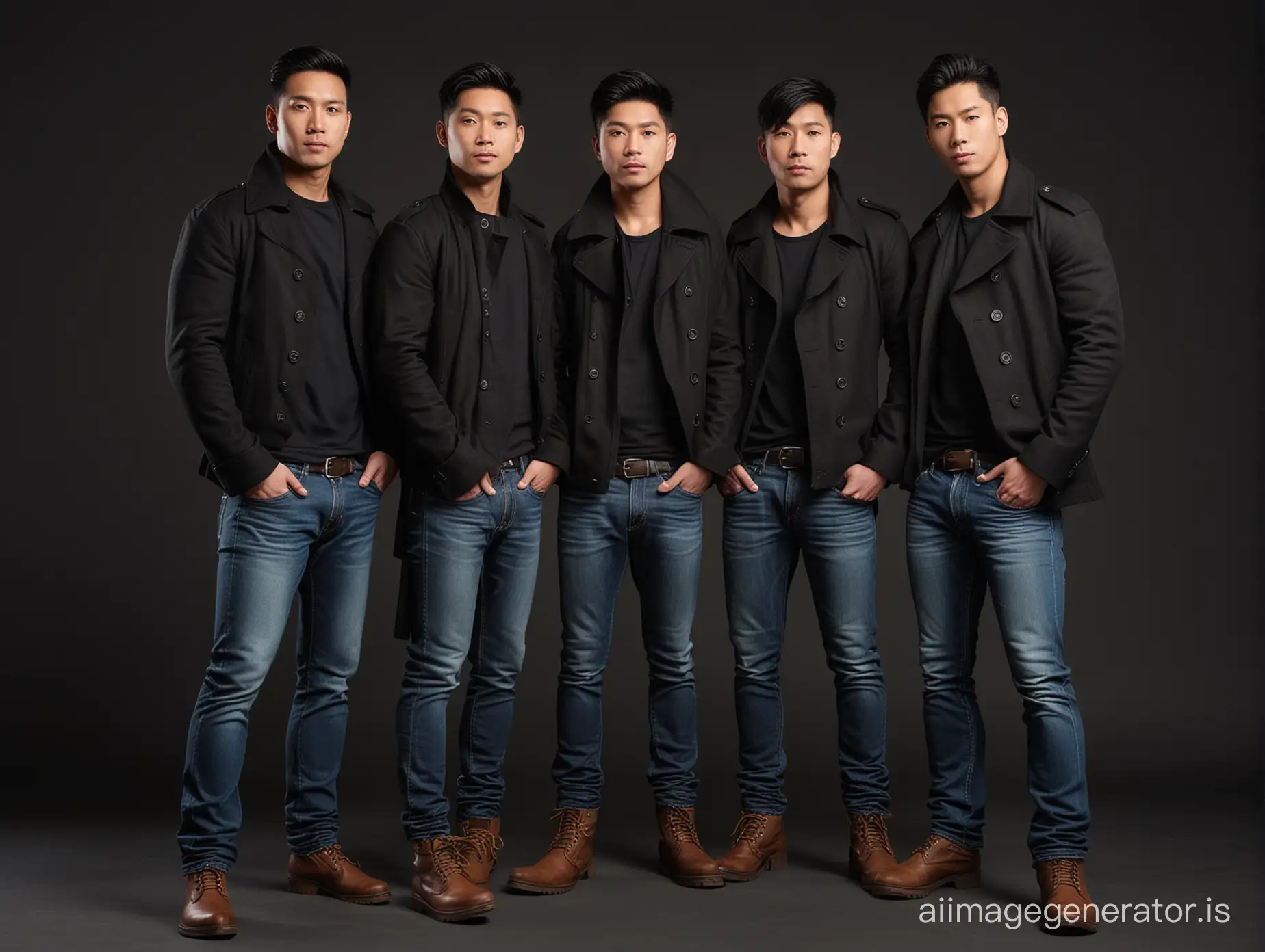 five Asian man, black hair, fair-skinned men wearing long black peacoats, black t-shirt, denim jeans, wearing brown boots, full body, embracing each other, cool pose, looking flat, with a black studio background, real photo, full HD, highly detailed 4k,professional photography, dramatic lighting, HDR, UHD.