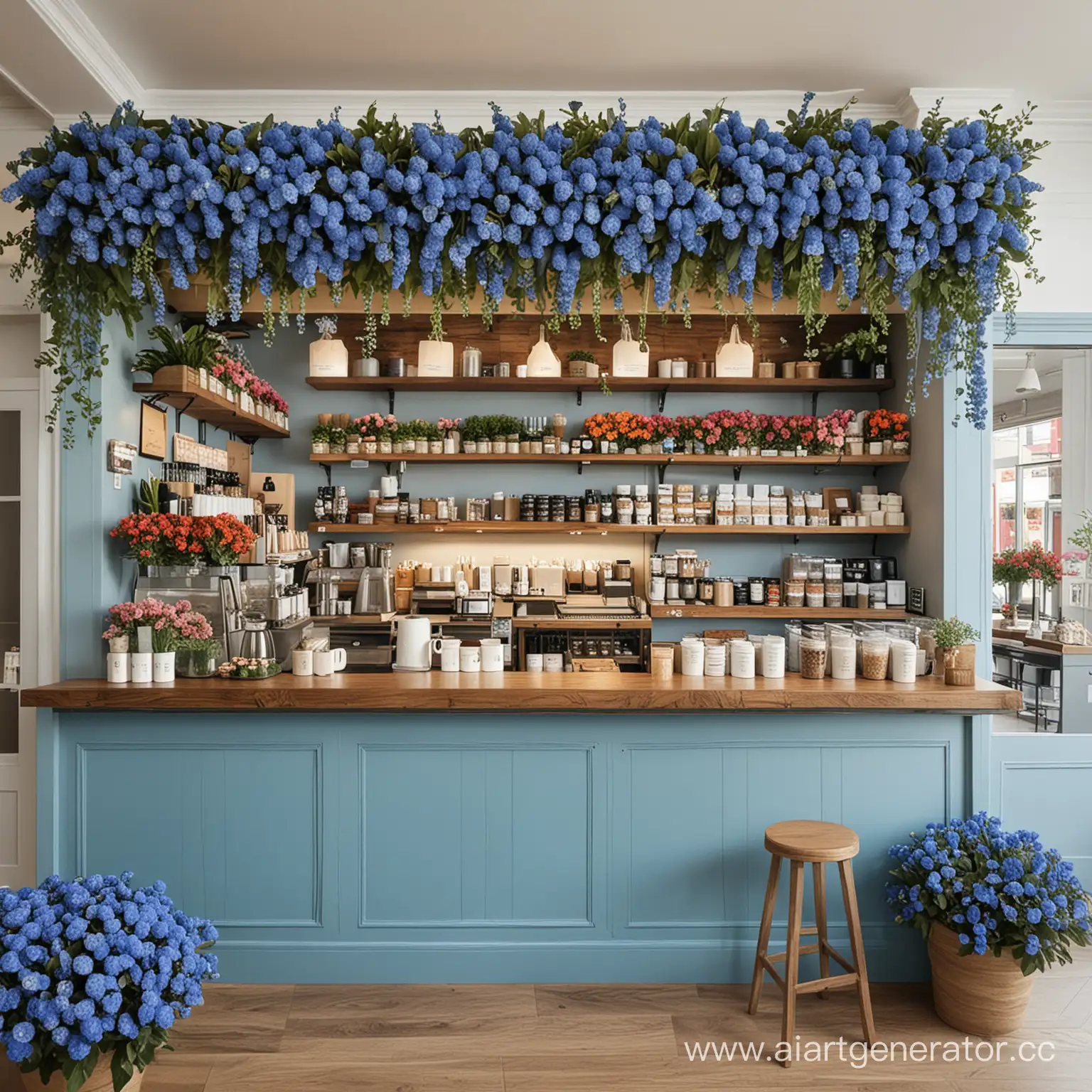 Flower-Shop-Coffee-Bar-with-Abundant-Blue-Blossoms