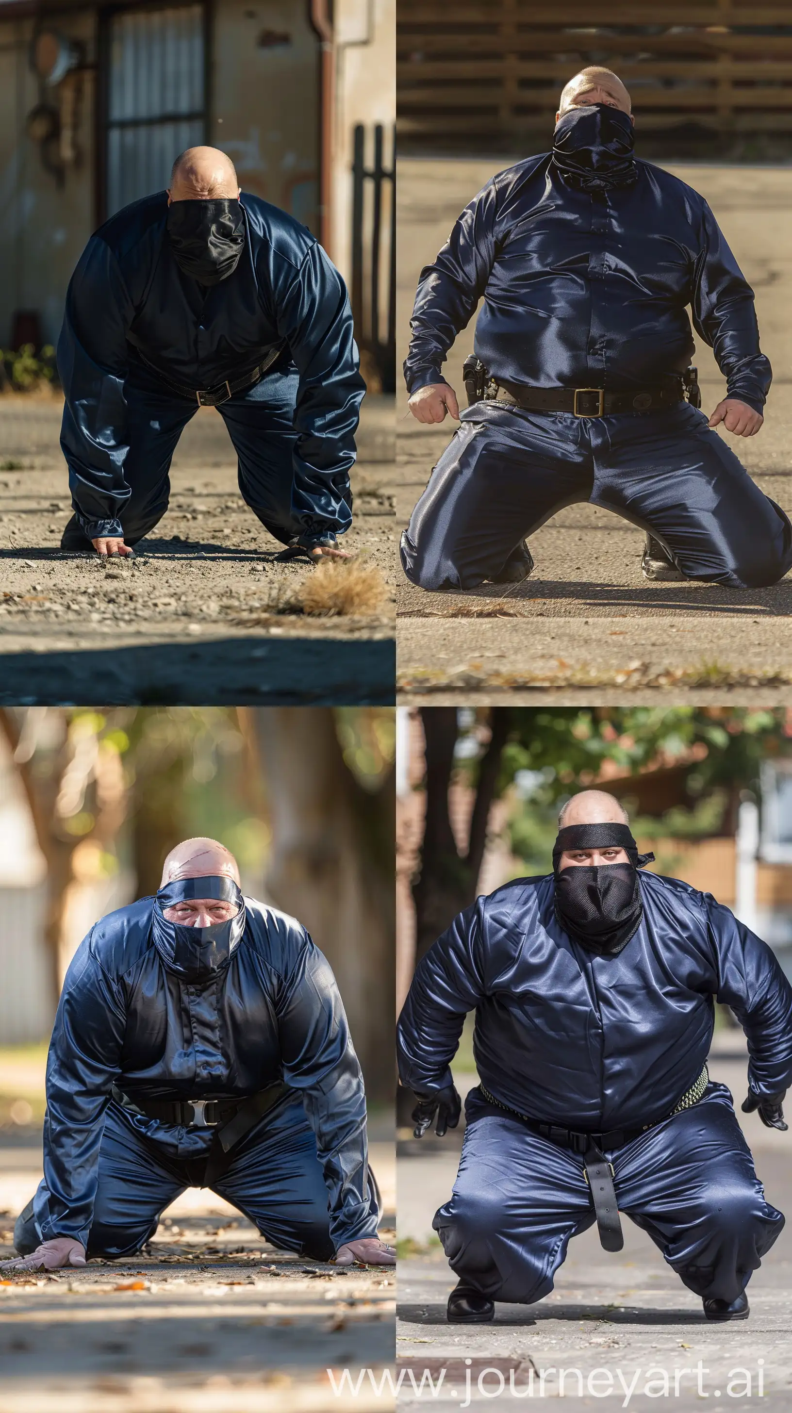 Elderly-Security-Guard-in-Navy-Blue-Coverall-Kneeling-Outdoors