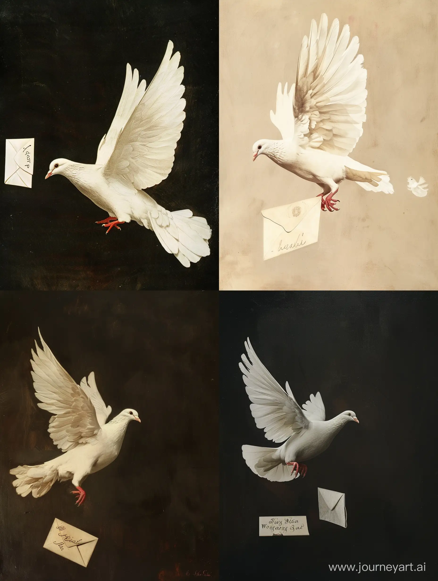 A white dove on the left side of the image in flight with a letter at its feet