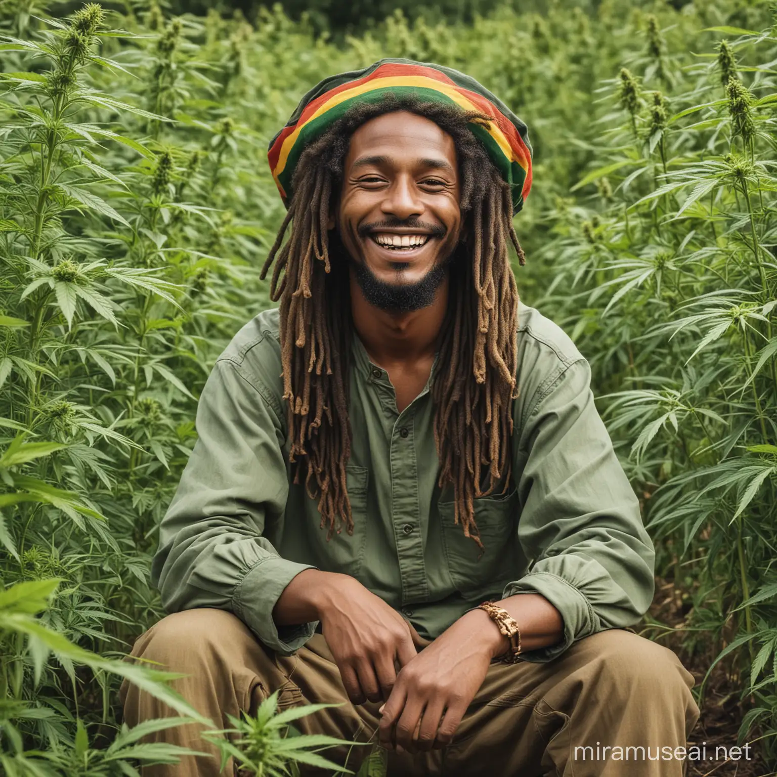 A rasta man siting in a field of cannabis and he Smile, 