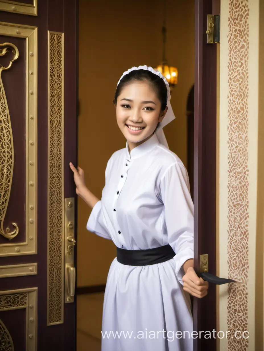 a smiling 20 years old asian female house maid. she is opening the door of an arabian palace.