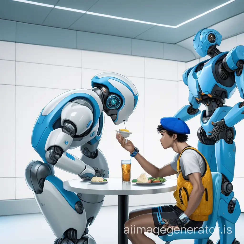In a futuristic minimalist room, a young man with ultra-short curly hair wearing a sports vest and shorts is eating with his back to the camera. A robot with a blue beret is behind him, with both hands raised, talking to him.