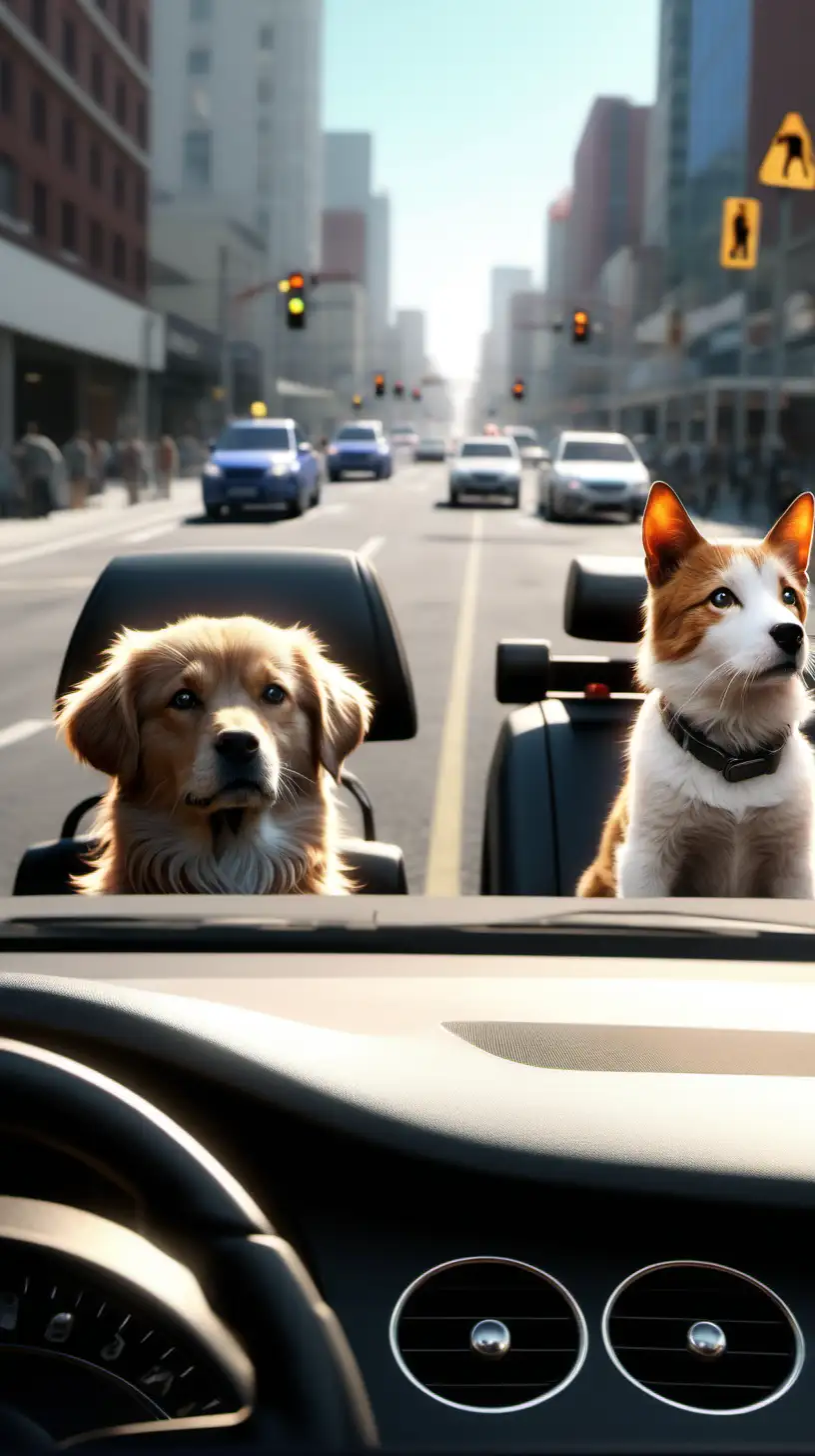 make an image of dogs and cats driving cars while waiting in a signal.hyper and ultra realistic