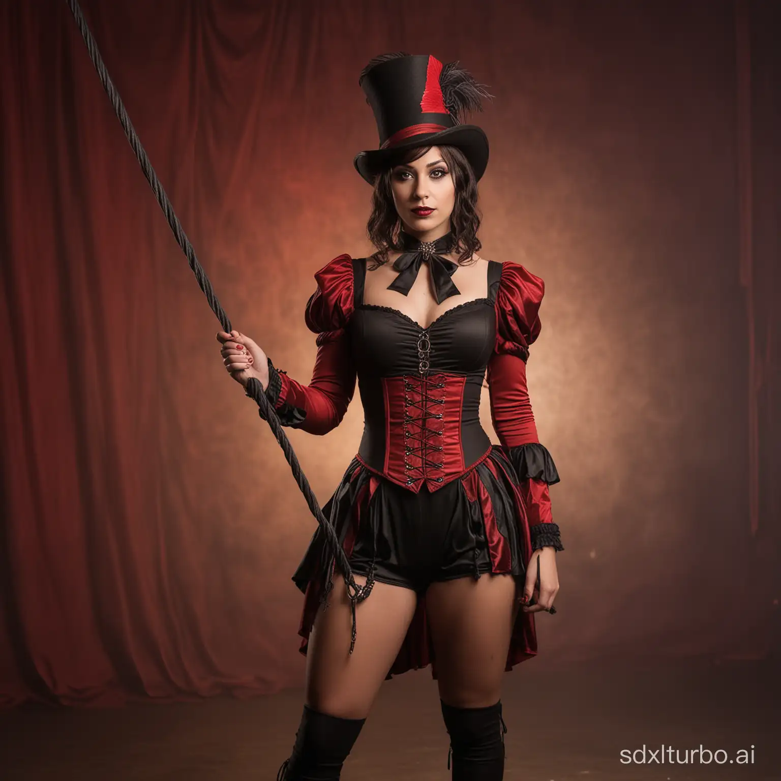 female circus ringleader, gothic outfit, brown skin, holding a whip, circus background