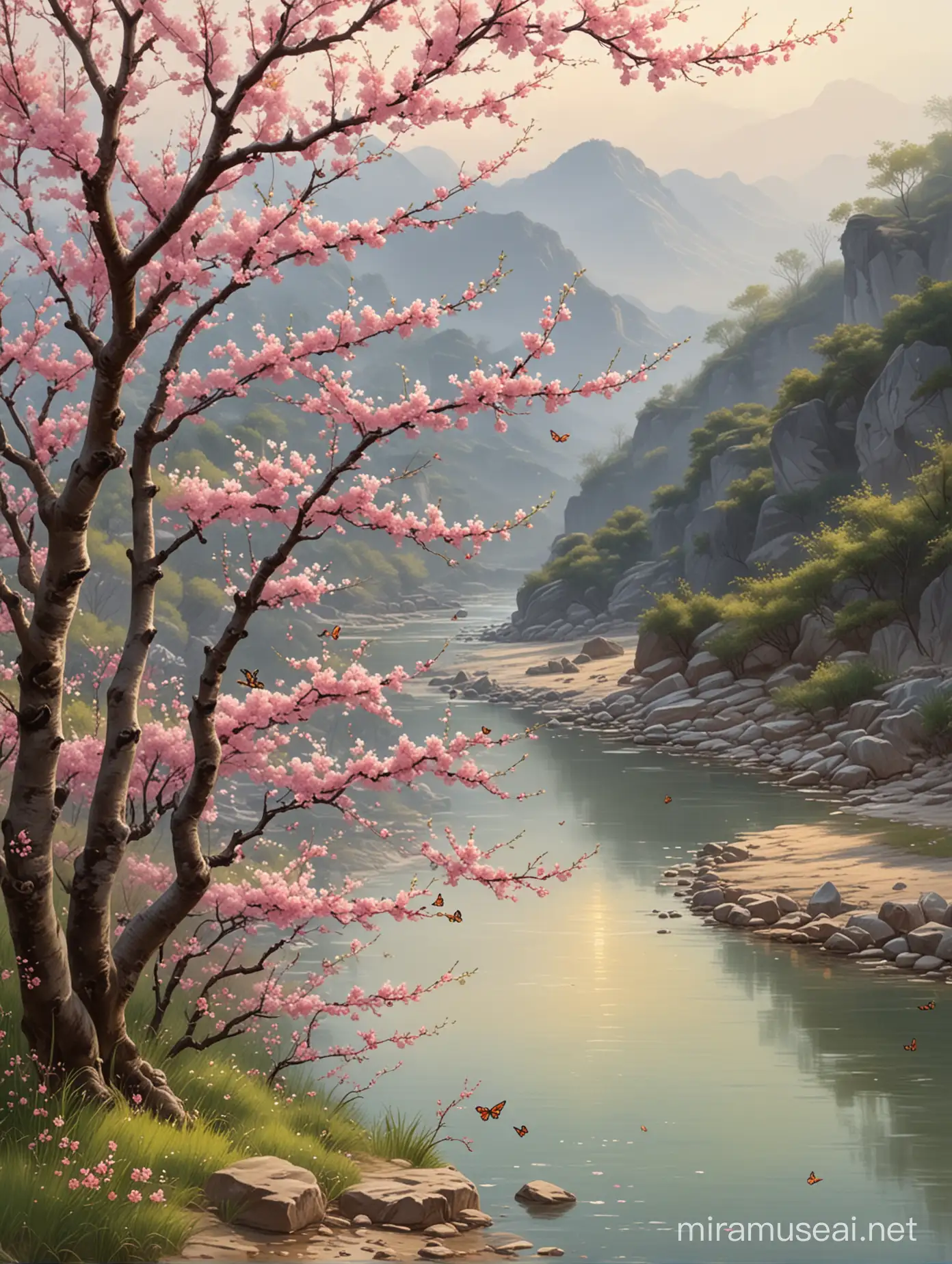 Peach Blossom Tree by River with Dancing Butterflies