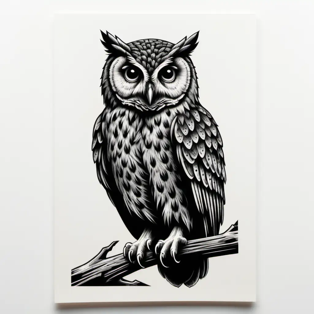 image of a black wood cut print of a single  owl on a white background, 

