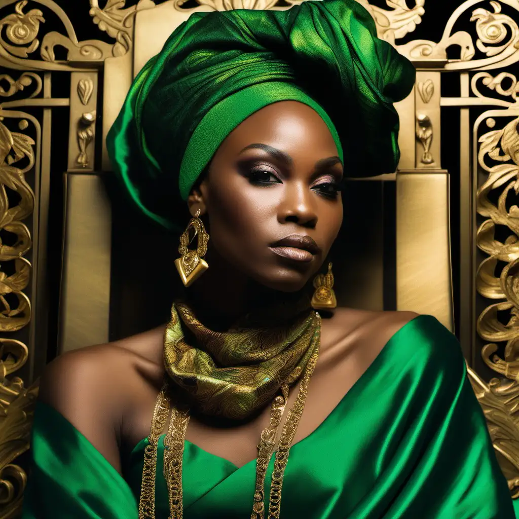  a modest and kind black woman wearing a black head wrap, in a long green and gold dress , siting on a throne.