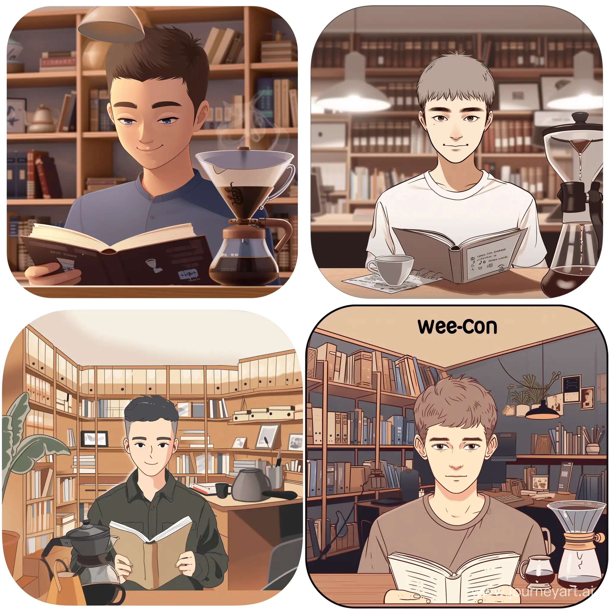 社交软件微信的头像, 男性, 短发, 正在阅读, 背景是书房, 有书架, 书桌上有专业的手冲咖啡壶