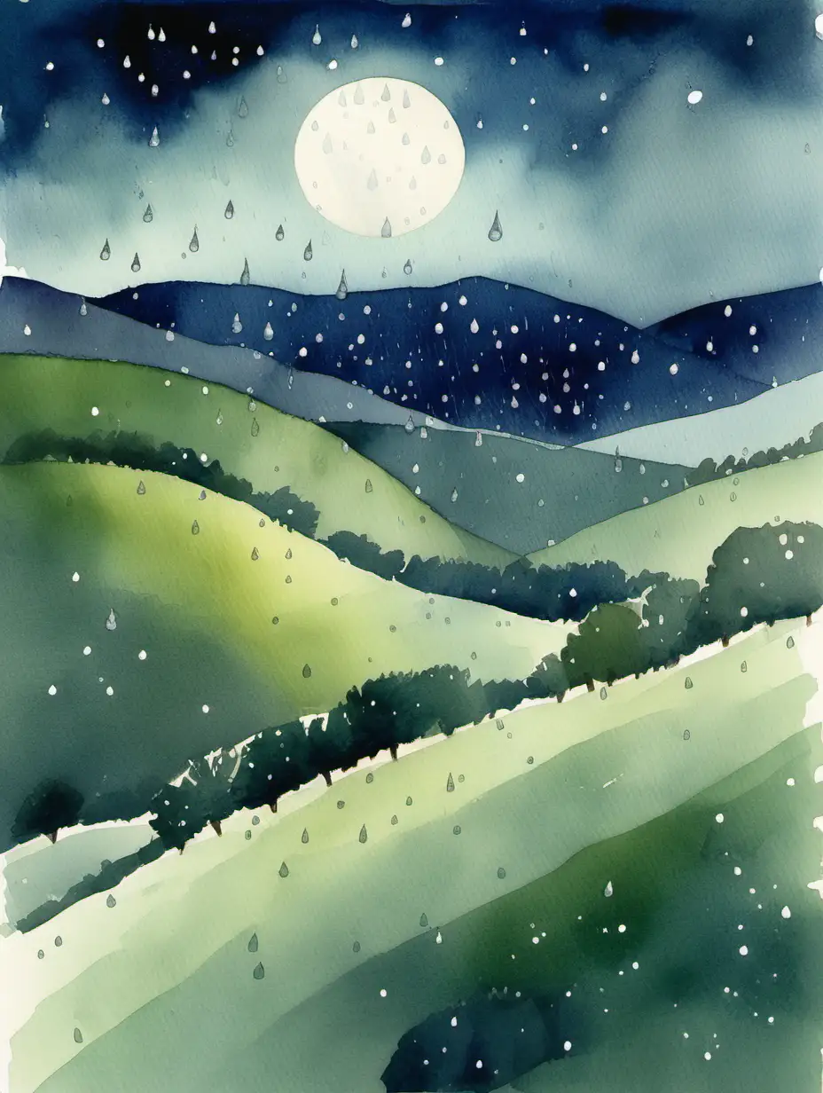 watercolor painting of rolling hills with rain and moon at night