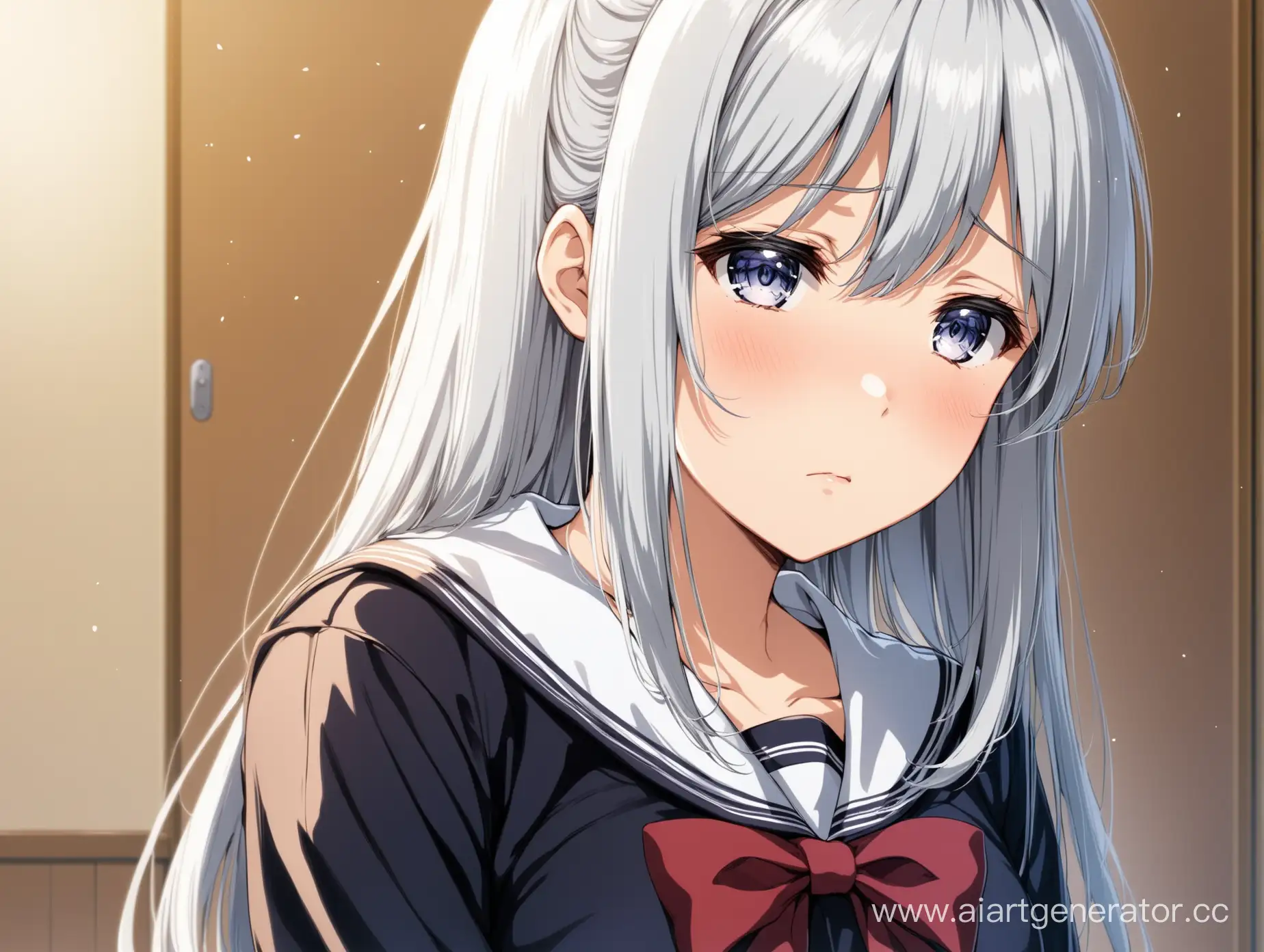 Очень красивая и грустная аниме школьница с серебренными волосами и средним размером груди