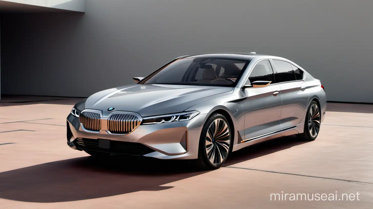 A front side view of a silver sedan car designed jointly by BMW and Lucid Motors, its design is a combination of the BMW 5 Series and Lucid Air.