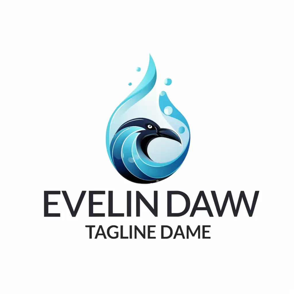 a logo design, with the text 'Eveline Daw', main symbol: abstractly painted crow head inside fluid water droplet splash, cold colors, Minimalistic, to be used in Entertainment industry, clear background