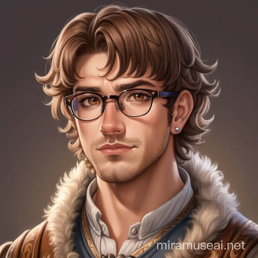 a lean attractive guy in his 30s wearing commoner middle ages style clothes, glasses, and a pair of stud earrings. short fluffy brown hair, hazel eyes, and a birthmark on his chin, he is hairy as well