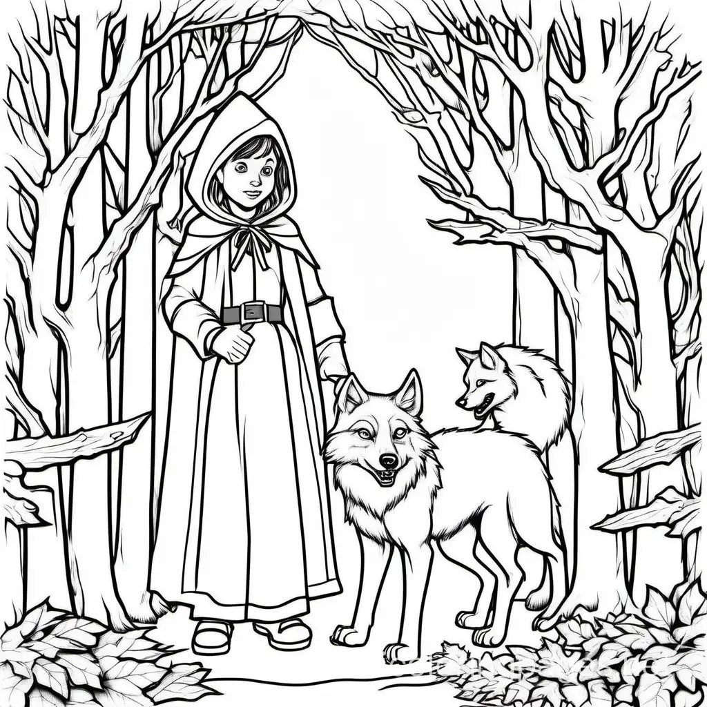 wants to eat a girl with a little red riding hood the  hunter killing wolf, becouse he wants to eat little red riding, Coloring Page, black and white, line art, white background, Simplicity, Ample White Space. The background of the coloring page is plain white to make it easy for young children to color within the lines. The outlines of all the subjects are easy to distinguish, making it simple for kids to color without too much difficulty