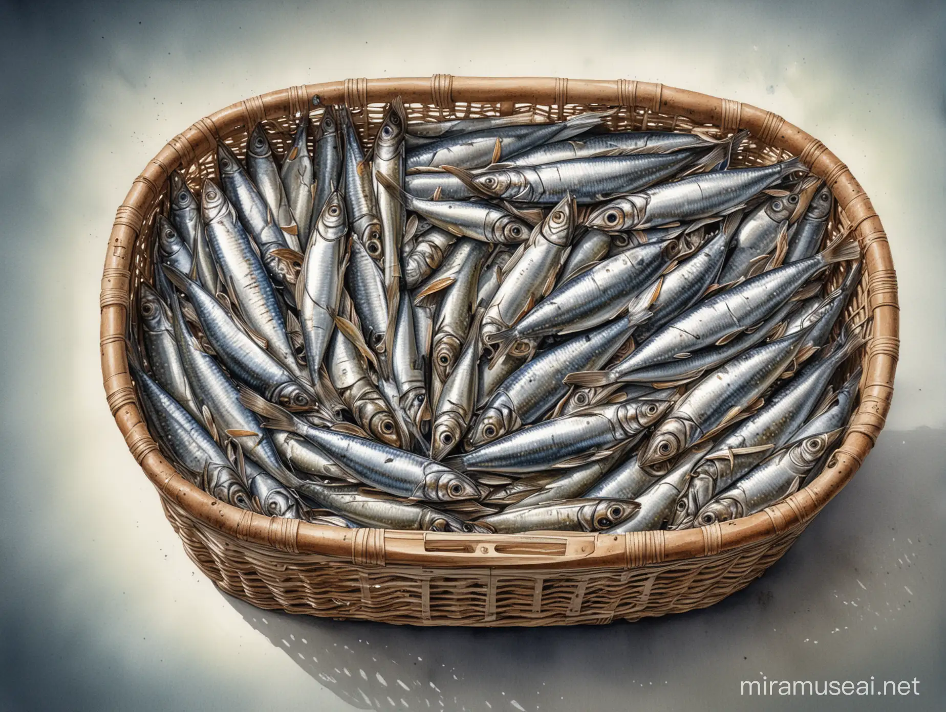 Imagine un dessin technique précis d'un panier remplis de sardines, avec tous les détails anatomiques soigneusement rendus; avec de belles ombres, aquarelle
