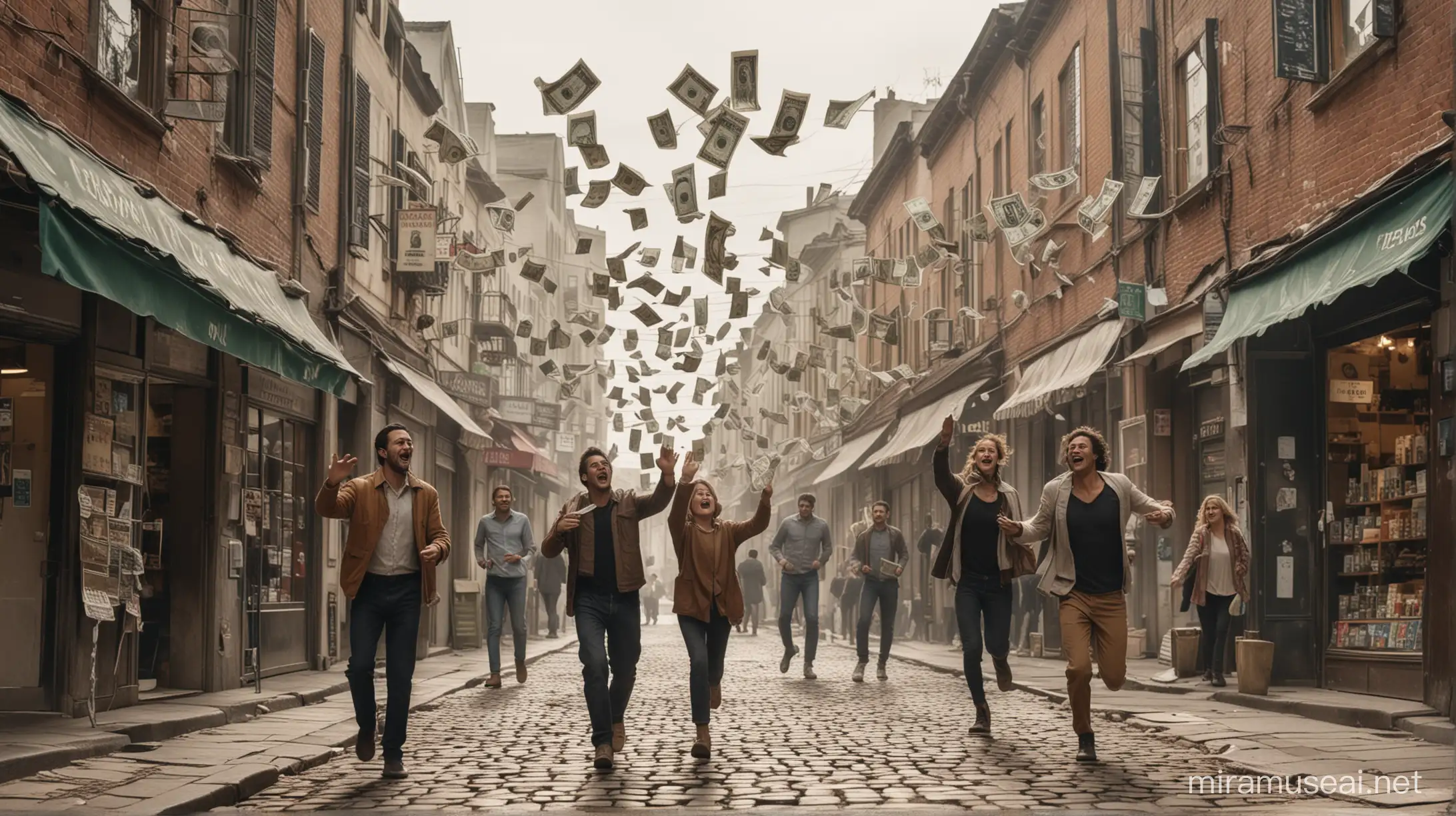 An old street, with an old shop on it, to which people are running from different directions. These people are holding dollar bills in their hands, banknotes are flying above them in the air. Everyone wants to give their money to the store.
