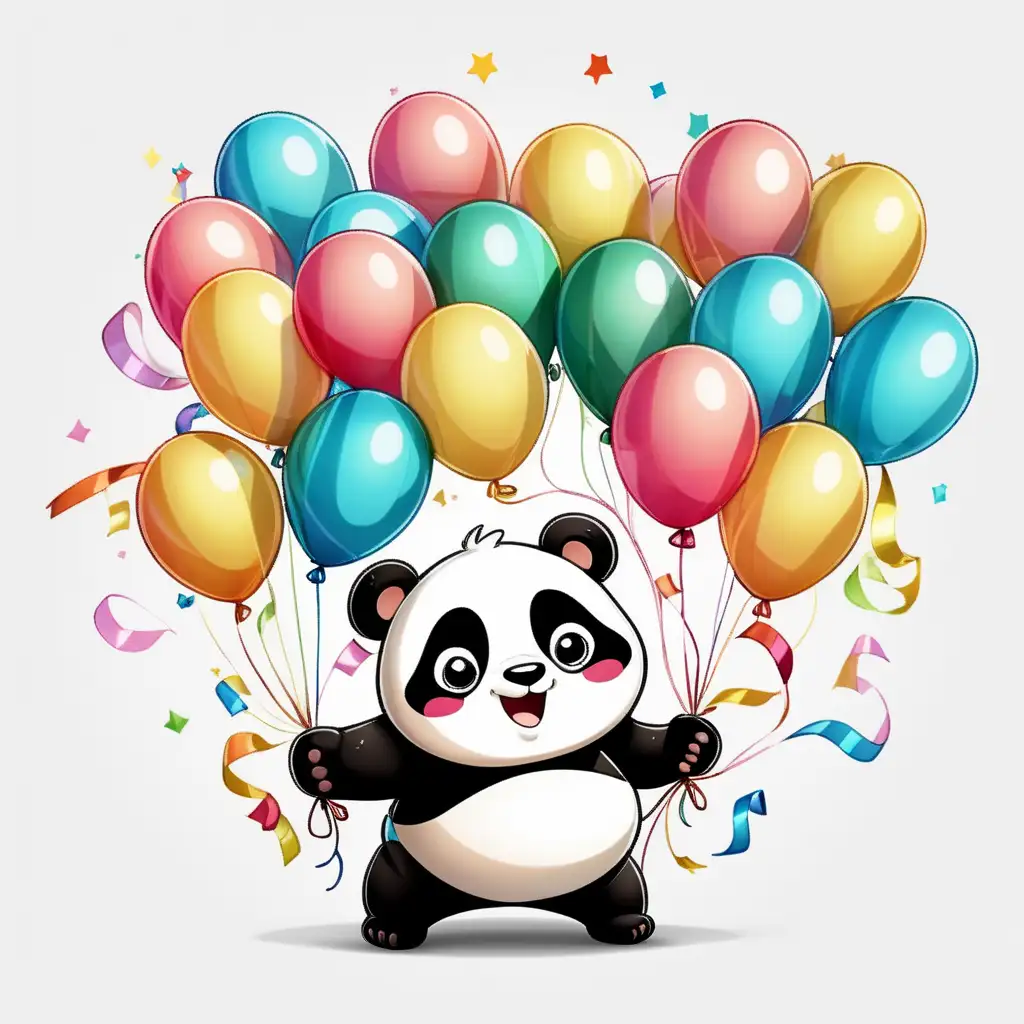 a really fat and round and cute and furry, excited cartoon panda with balloons, streamers on white background