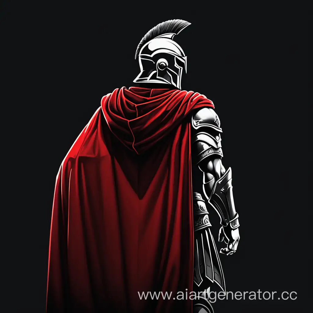 чёрный фон. спартанец стоит спиной близко к экрану в красном плаще фон чёрный 