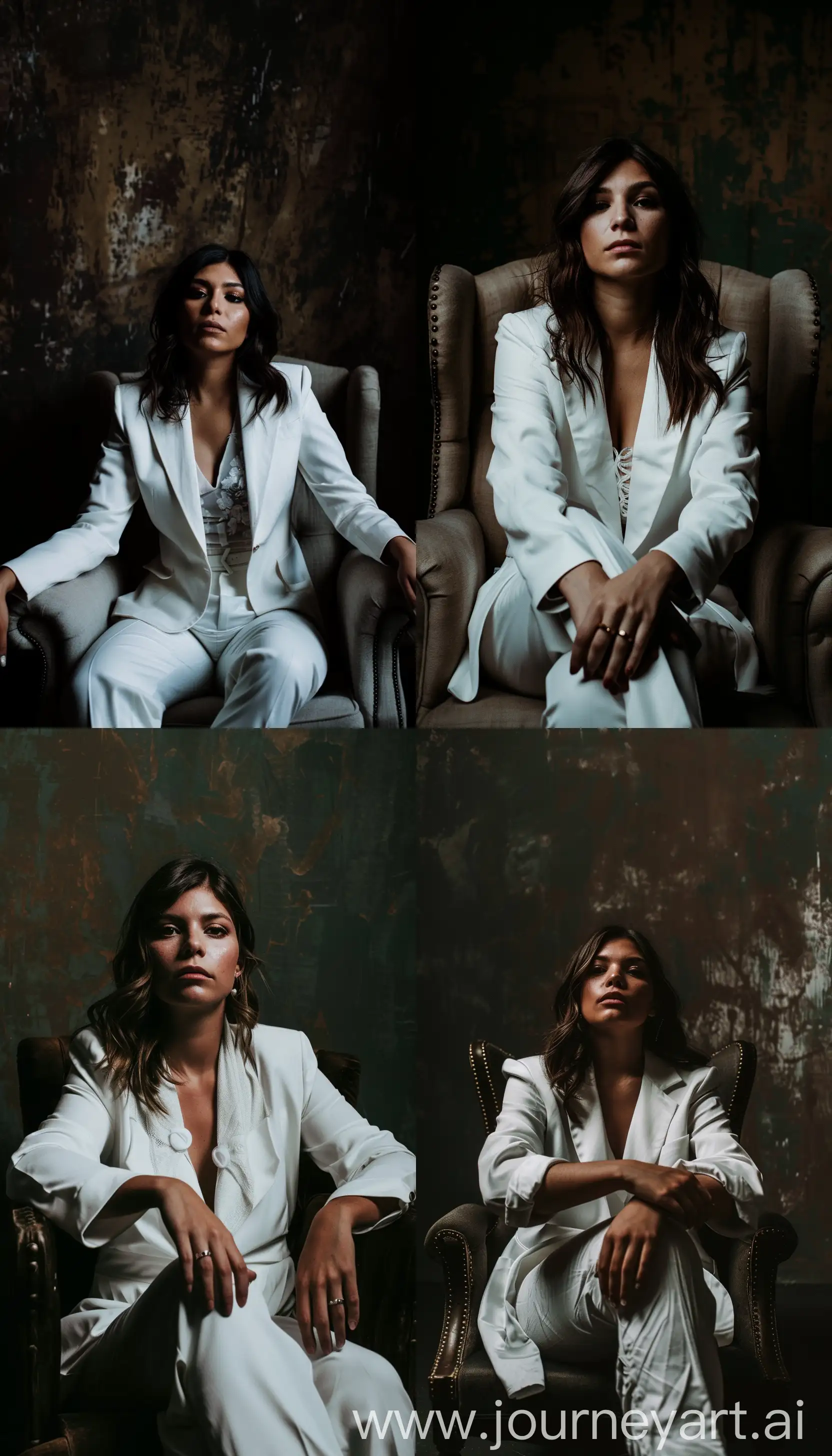 An elegant woman with white clothing and olive-toned skin sitting in an armchair, studio photography, earthy-toned background --sref https://i.pinimg.com/736x/c2/07/31/c20731c29907cd10a696b5f880f4db5f.jpg --style raw --ar 4:7 --v 6