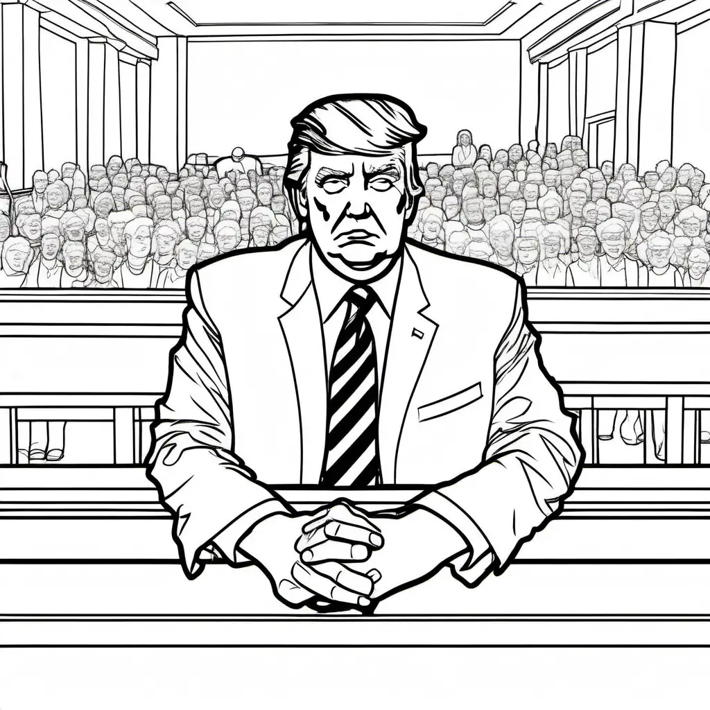 Donald Trump sitting in court farming lawyer looks sick, Coloring Page, black and white, line art, white background, Simplicity, Ample White Space. The background of the coloring page is plain white to make it easy for young children to color within the lines. The outlines of all the subjects are easy to distinguish, making it simple for kids to color without too much difficulty