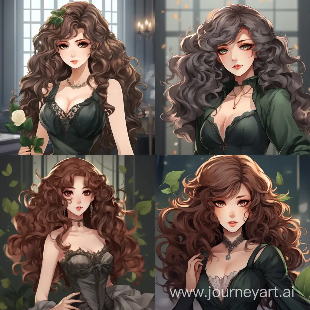 Noble lady with dark rose curly hair and green eyes in dark grey noble dress in anime style