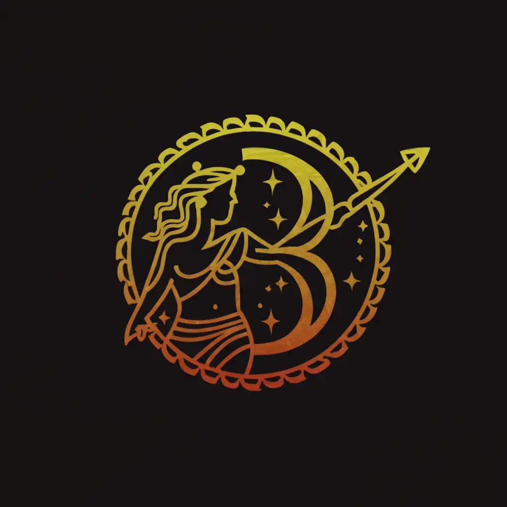 a logo design,with the text "B", main symbol:circular, inside a goddess of music
shooting a comet from a bow in a starry night sky, with Galician motifs,Moderate,clear background