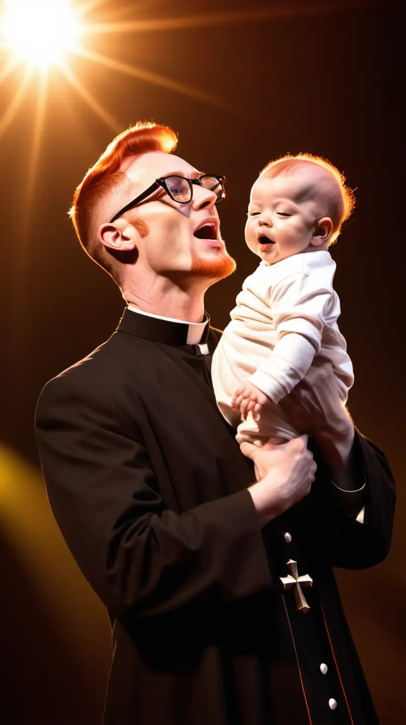 Redheaded Priest Serenading with a Joyful Baby during a Nostalgic Sunset Performance