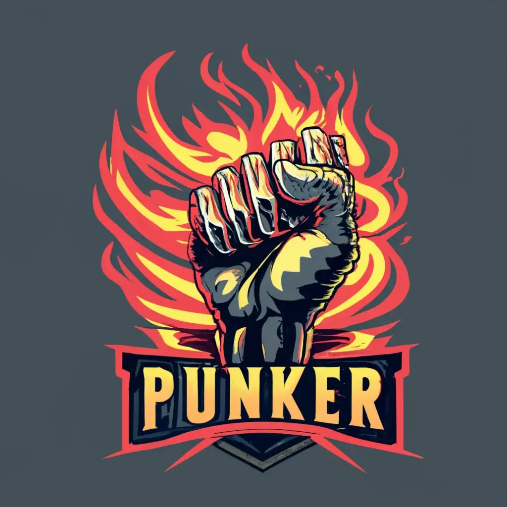 logo, Flaming fist with iron knuckles realistic , with the text "Punker", typography, be used in Entertainment industry