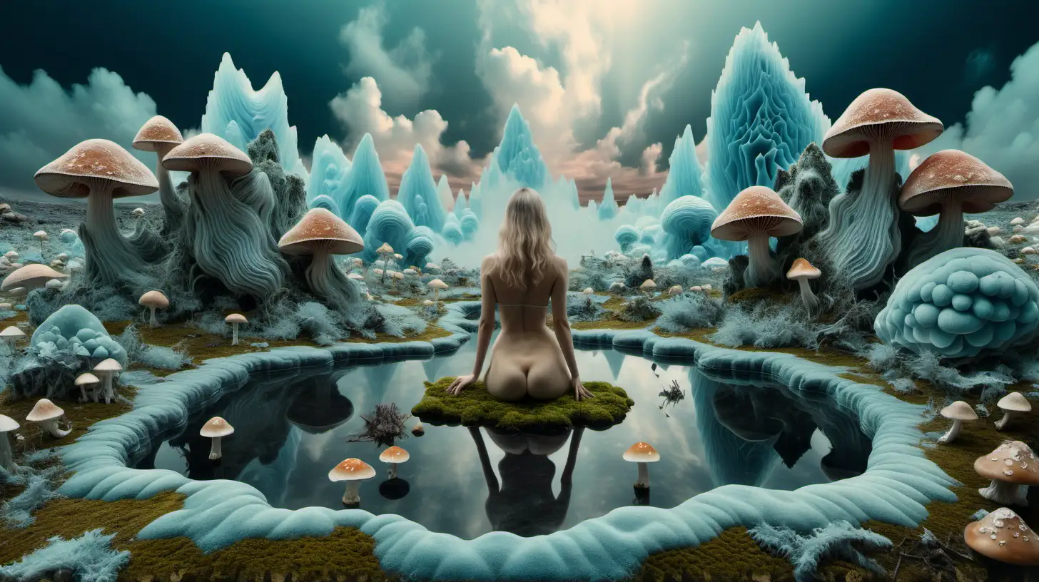 Enchanting Psychedelic Landscape with Nude Woman Moss Mushrooms and Crystal Blue Clouds