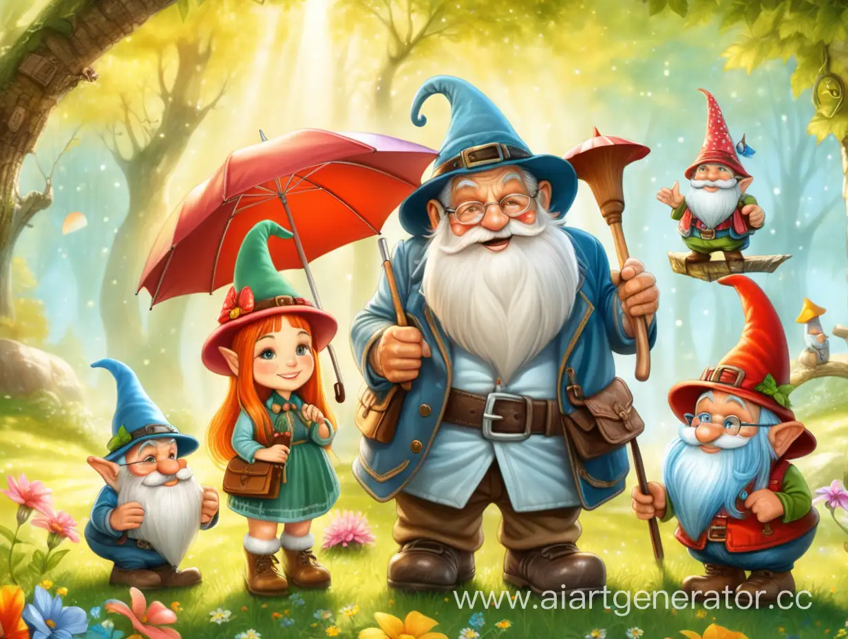 Old man with 2 gnomes and a nice lady under magic umbrella in sunny wonderland, all are happy