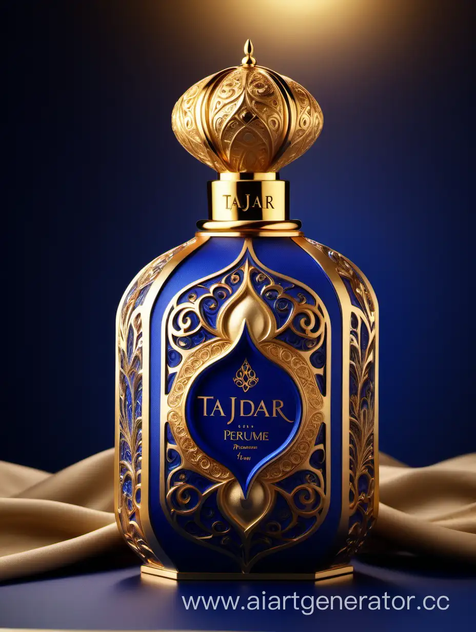 Box package design of perfume TAJDAR product, elegant, trending on artstation,   sharp focus,   studio photo,   intricate details,   highly detailed,   gold, Royal Blue and beige color on gold background