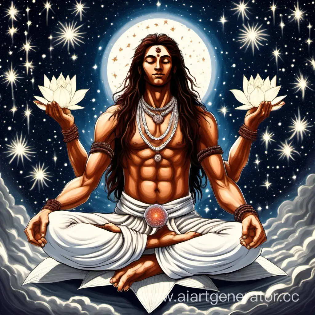 Serene-Aryan-Meditating-on-White-Lotus-Amid-Celestial-Phenomena