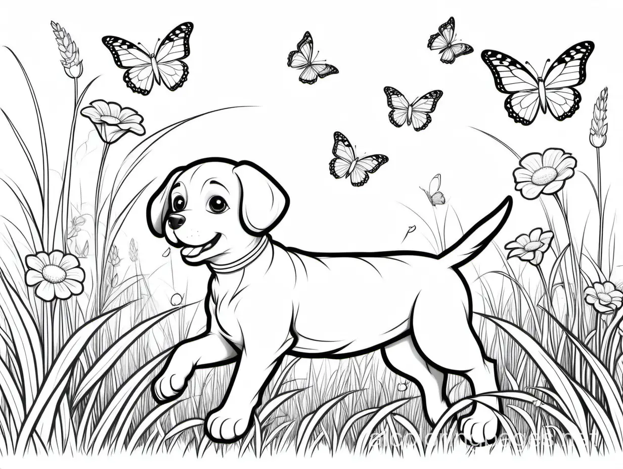 Puppy-Chasing-Butterflies-in-Serene-Meadow-Coloring-Page