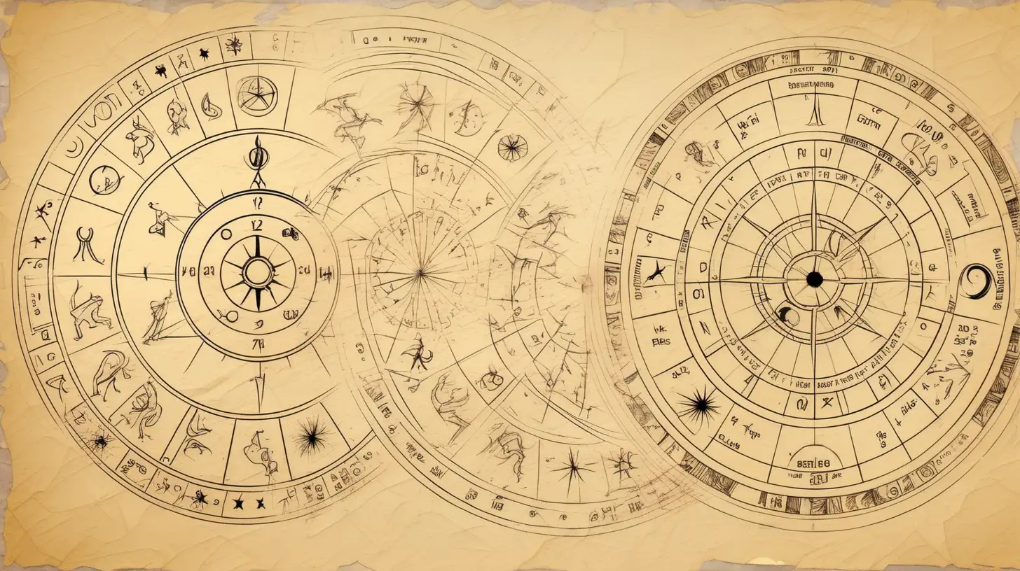 Astrology Wheels on Beige Paper HandDrawn Art with Scraped and Scratched Lines
