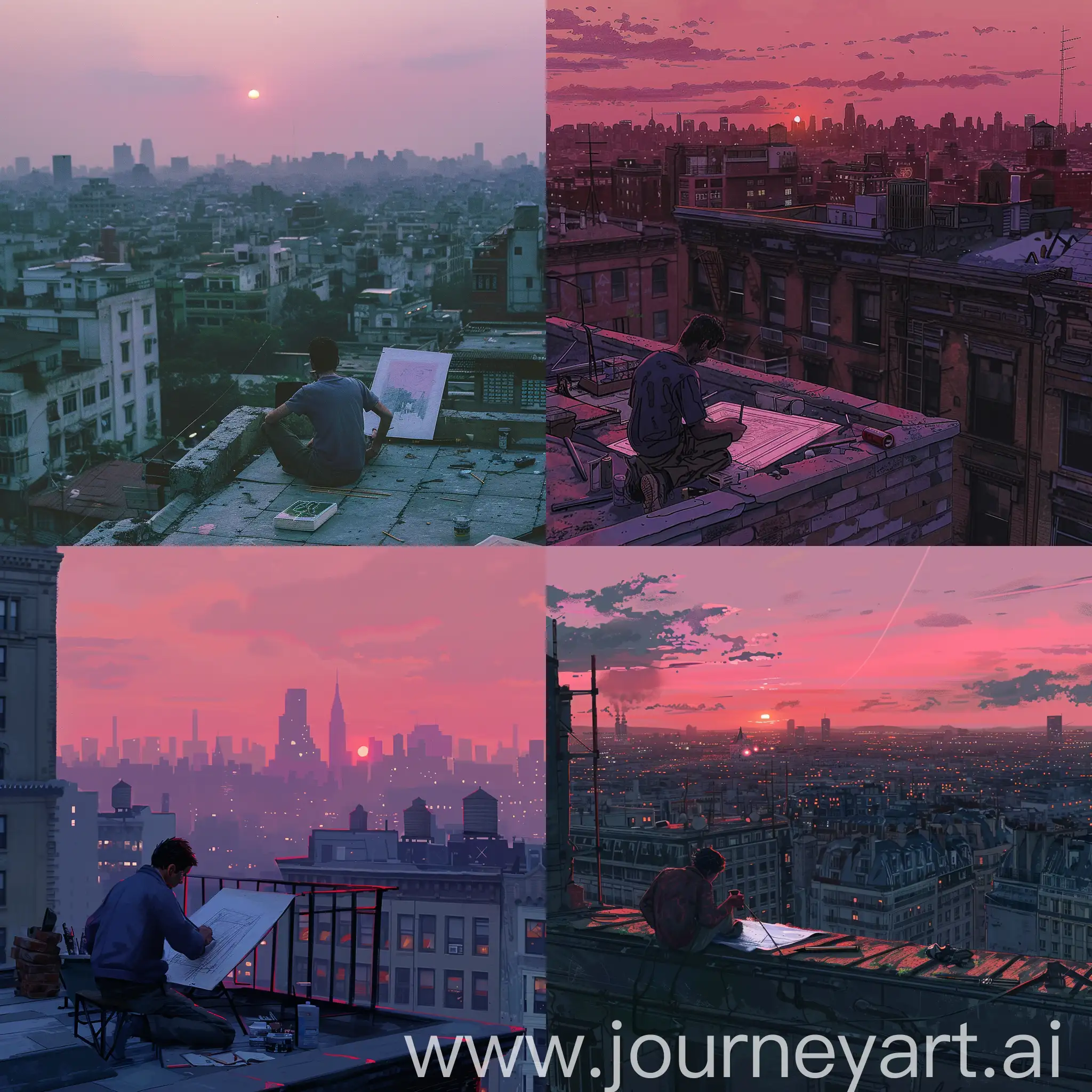 Виден мужчина сидящий на крыше здания и рисующий картину, вдали видны здания мегаполиса, вечер, розовый закат