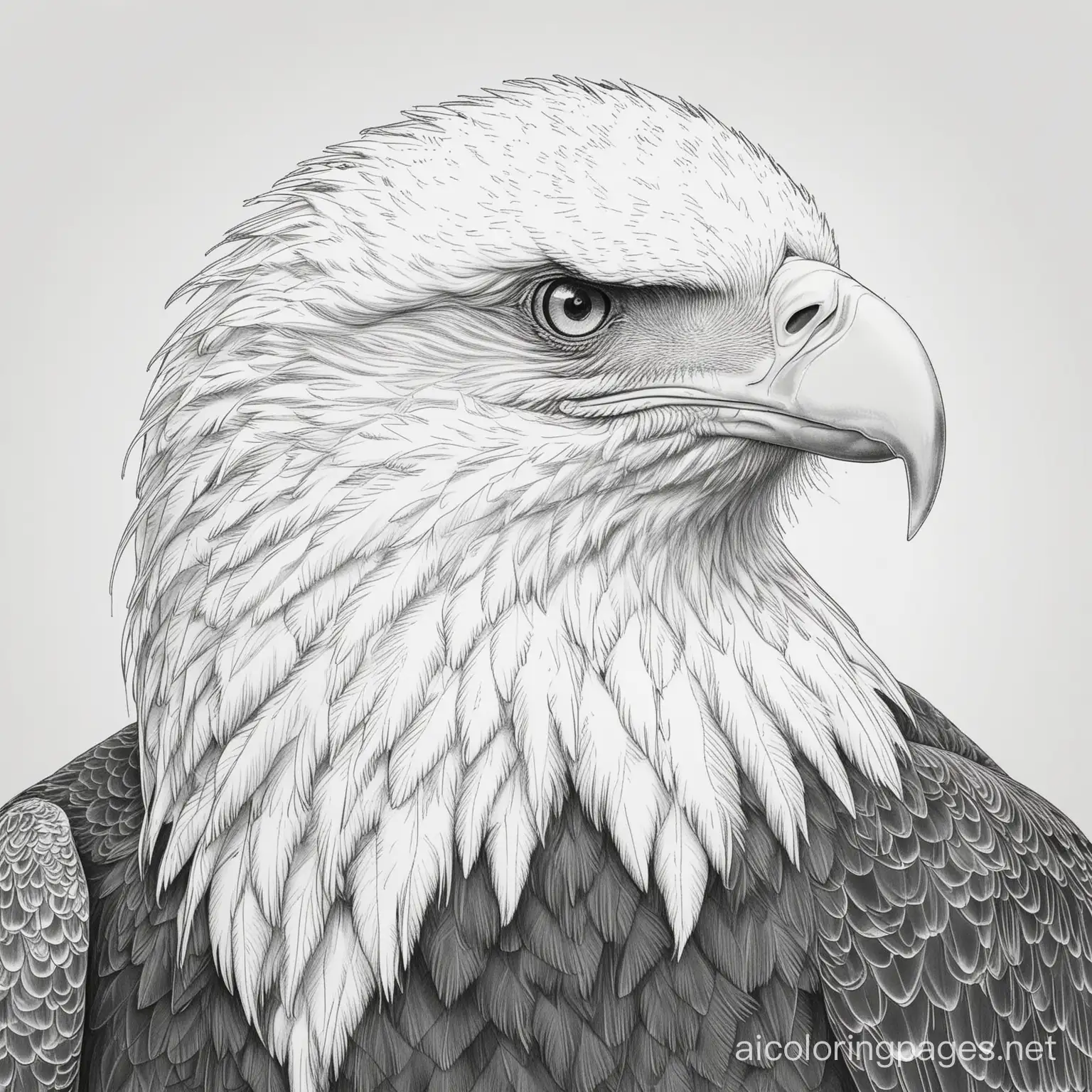 BALD EAGLE PORTRAIT

, Coloring Page, black and white, line art, white background, Simplicity, Ample White Space. The background of the coloring page is plain white to make it easy for young children to color within the lines. The outlines of all the subjects are easy to distinguish, making it simple for kids to color without too much difficulty