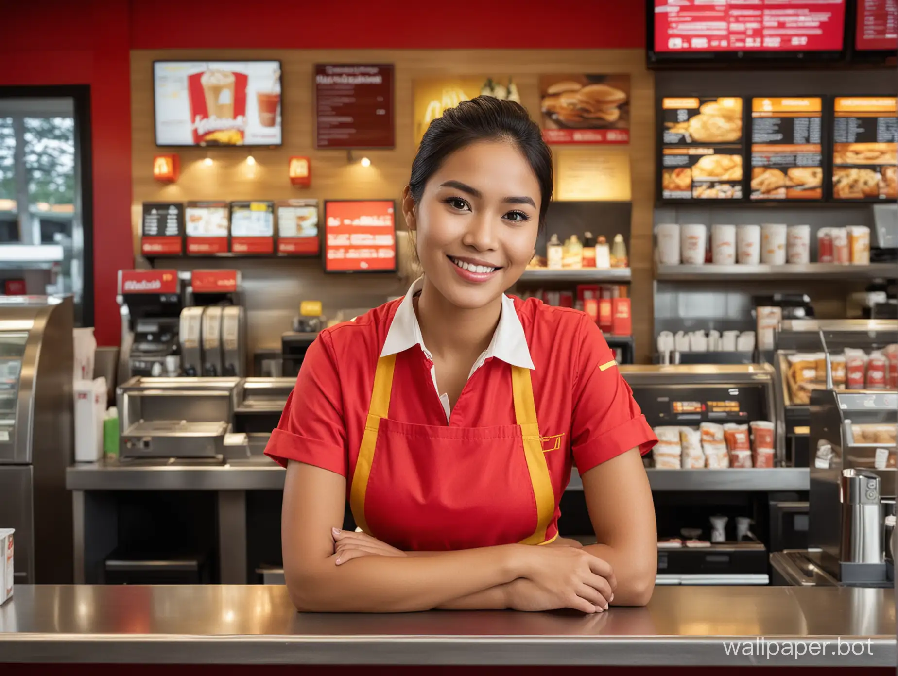 Indonesian-Female-Barista-in-Red-McDonalds-Apron-Operating-POS-System-with-Engaging-Smile