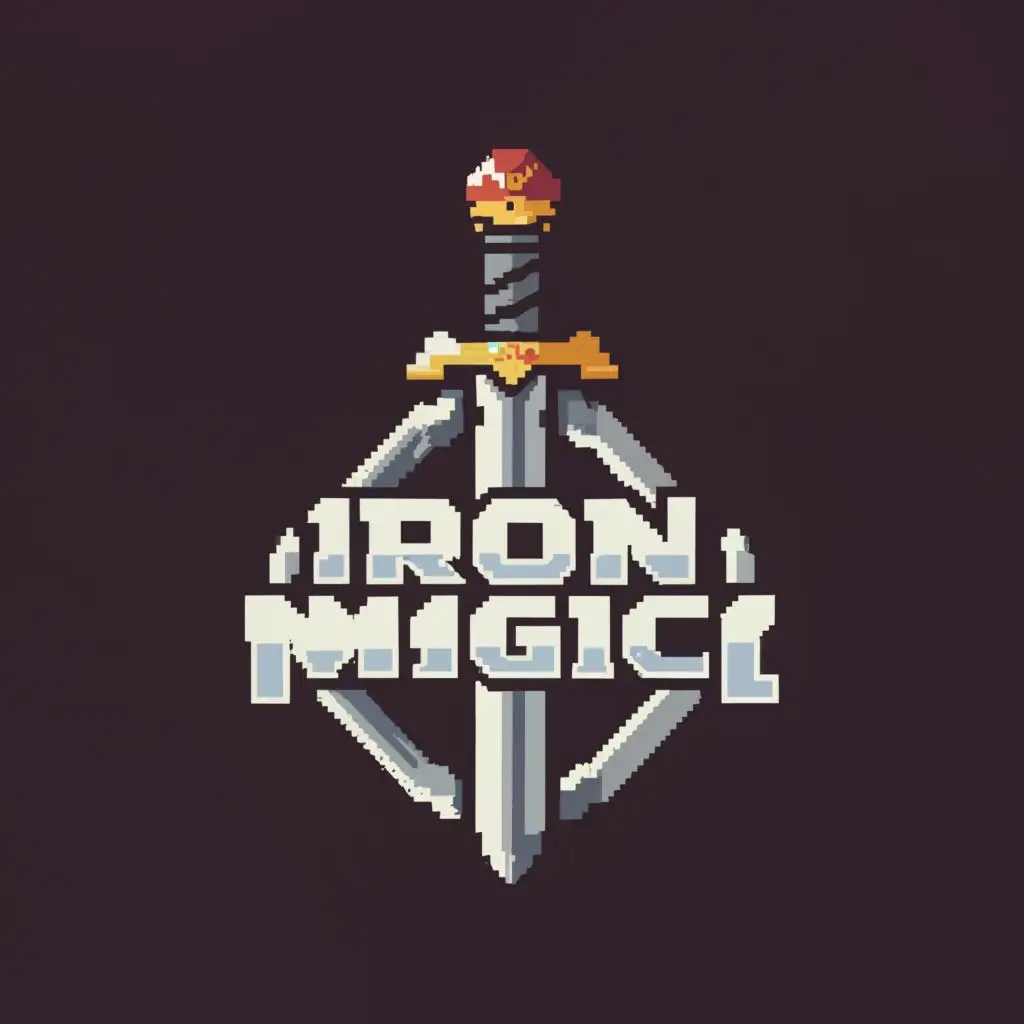 logo, logo, Sword, magical, pixel art, simple, title, with the text "Iron and magic", typography