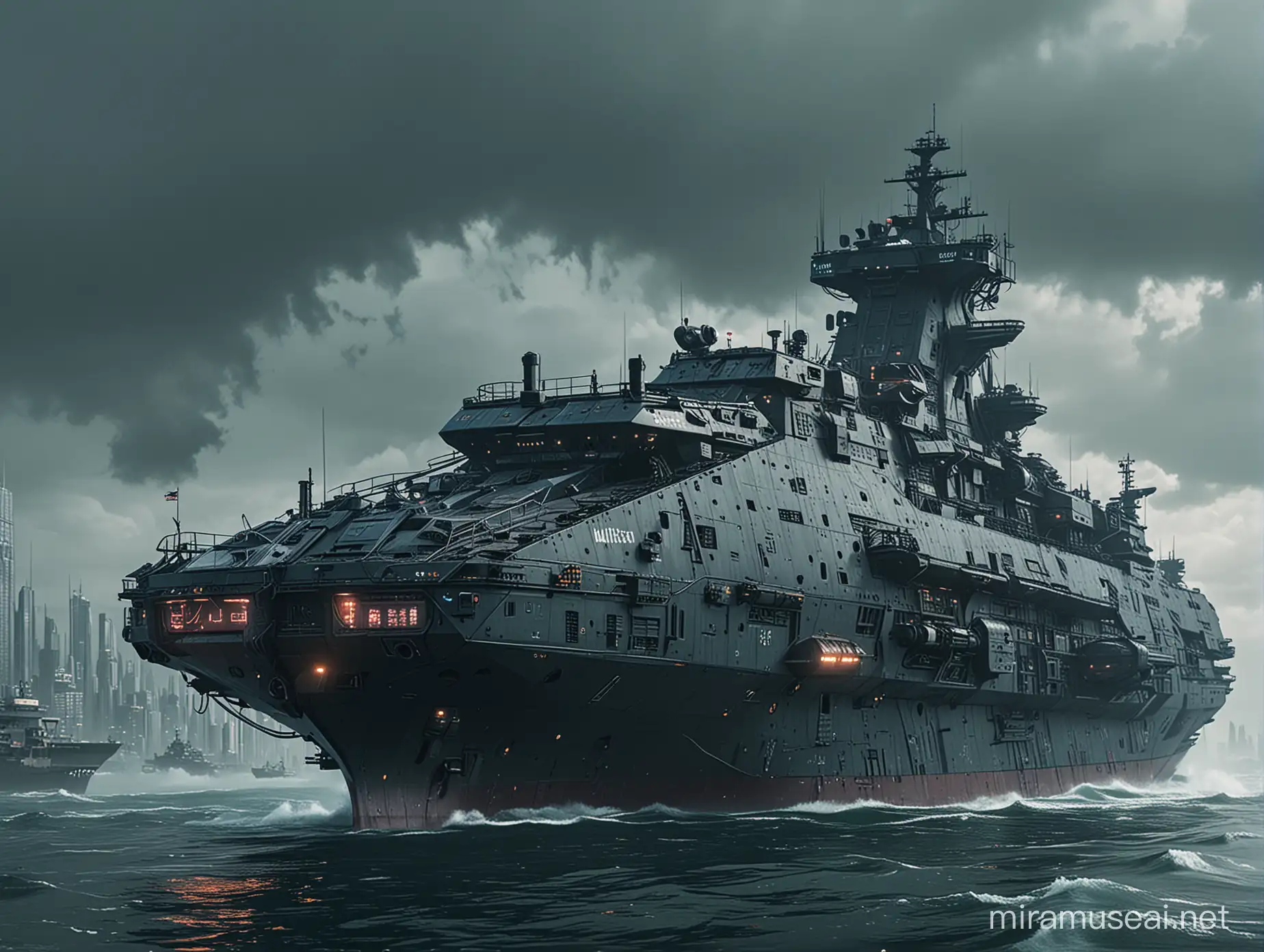 a big cyberpunk sea ship with the name "MILITECH"
