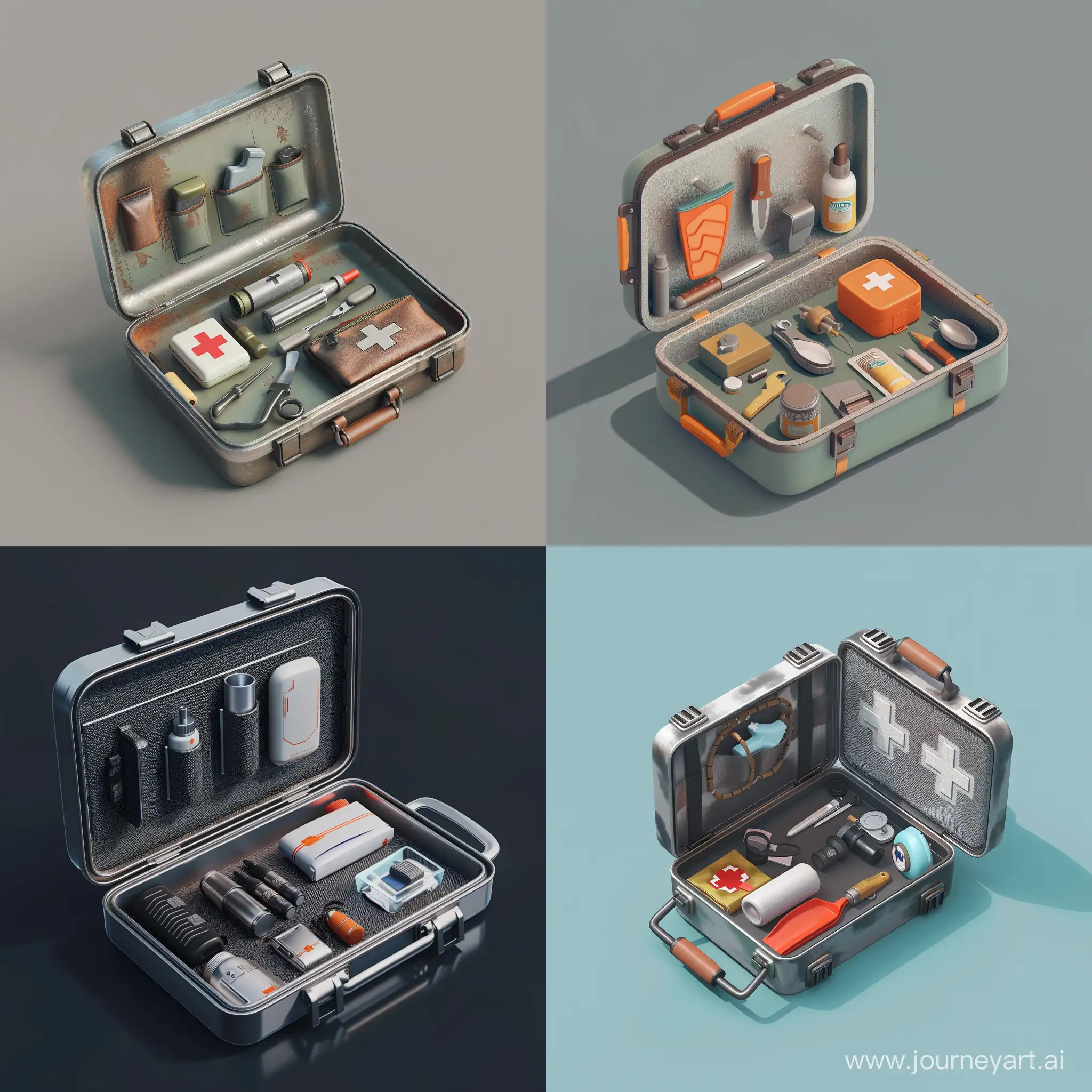 isometric realistic mini small tiny simple opened survival kit in metal case, 3d render, stalker style, less details, hunting first aid, hygiene