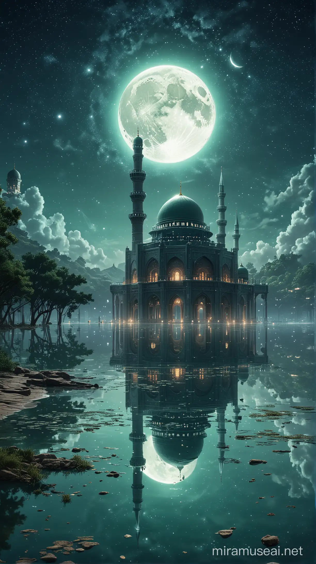 anime style mosque standing all alone in space with the moon lit so bright above and the reflection of everything showing in the water and there's a lot of space above  showing the clear sky, greenish atmosphere