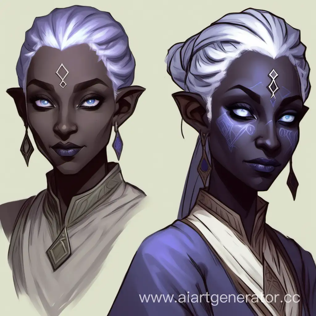 Low saturation. D&D drow dark elf scholar cleric. Medium grey-bluish skin, pale-colored eyes. Hair pulled back in messy bun. Eilistraee priest archaeologist. 