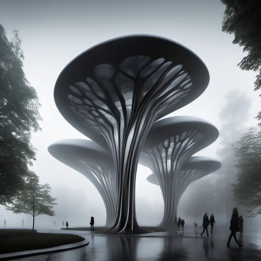 Zaha hadid funghi design
Different heights 
Fog and rainy 